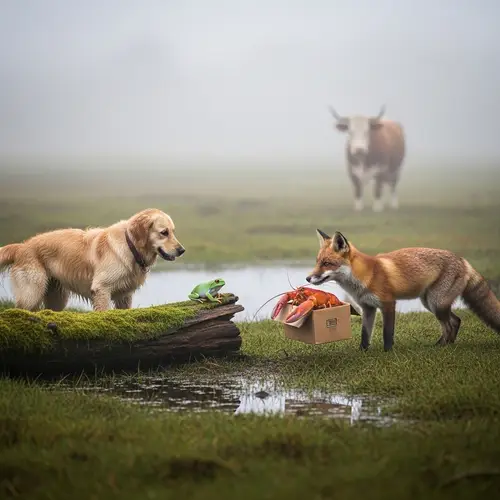 Mist-Shrouded Marshland with Playful Golden Retriever and Tawny Fox