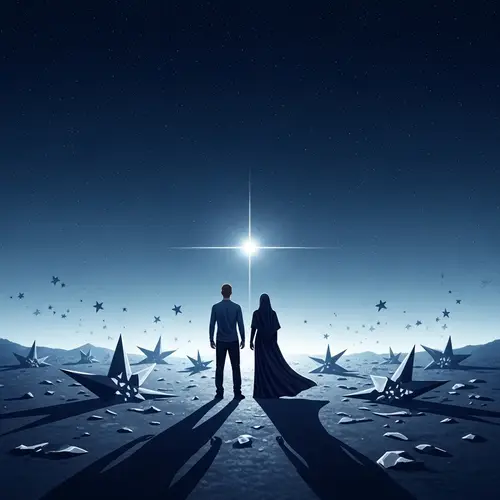 Celestial Silhouettes: Two Figures Embracing a Luminous Star
