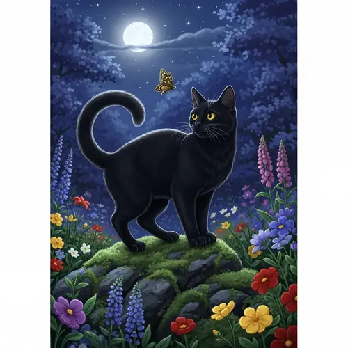 Black Cat in Moonlit Garden - Enchanting Scene with Flowers and Stars
