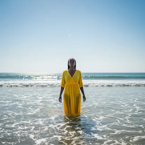 African Goddess in Yellow Dress Standing in Ocean
