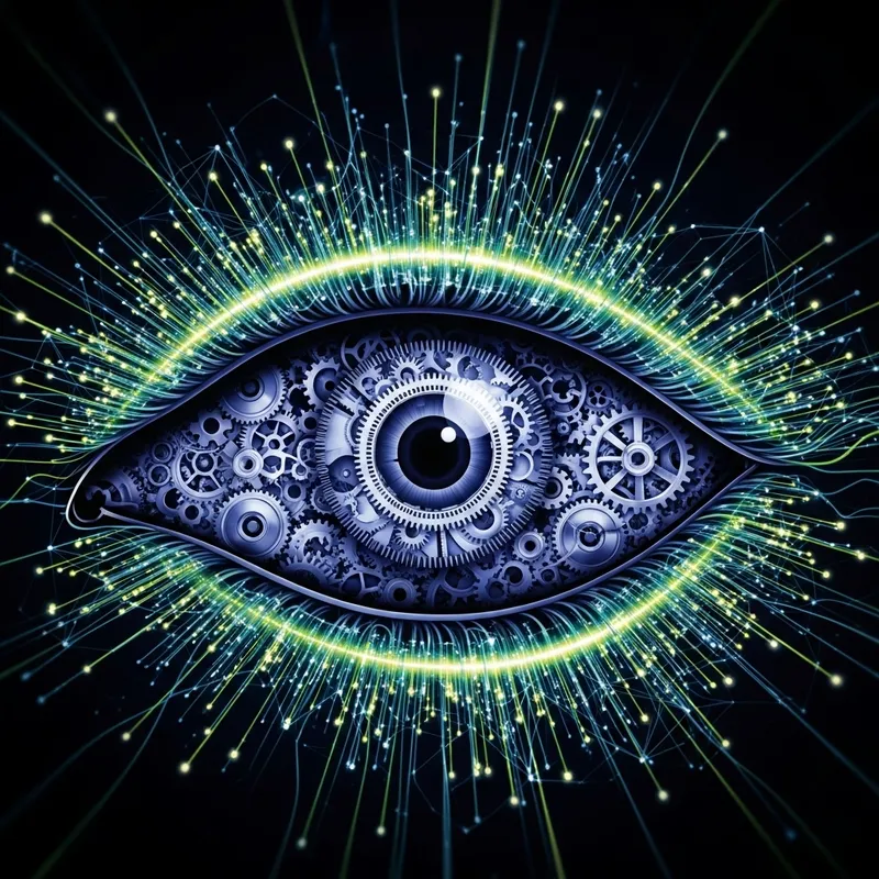 Eye Symbol with Gears and Network Lines | AI Processing