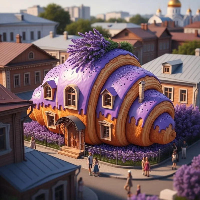Enchanting Croissant-Shaped House With Lavender Flowers in Samara City
