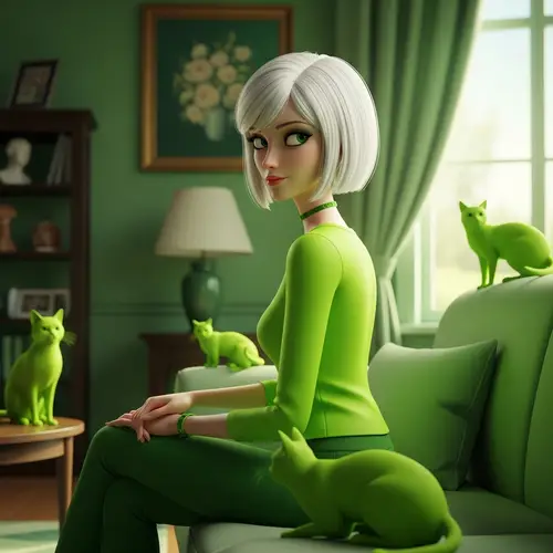 Elegant Caucasian Female 3D Animation Character in Green Attire