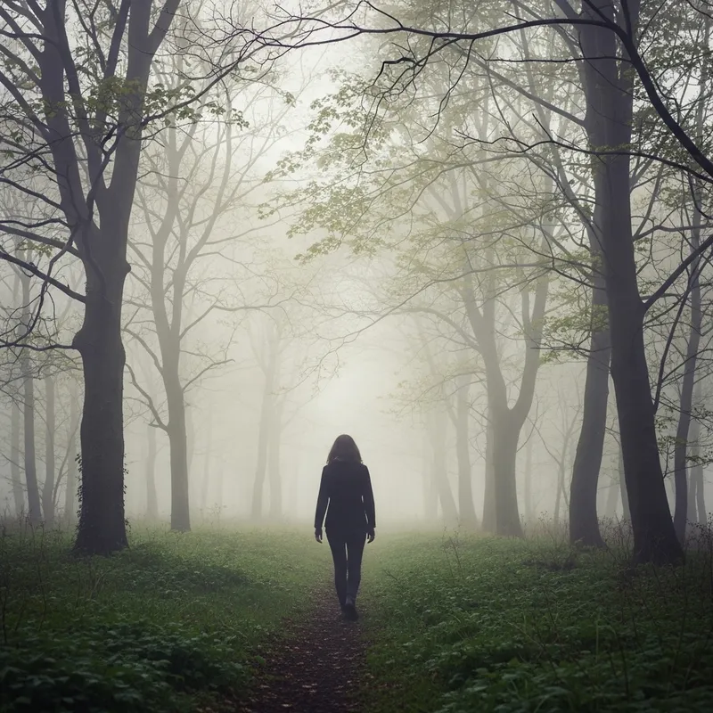 Enigmatic Silhouette Striding in Foggy Woodland - Enchanting Scene