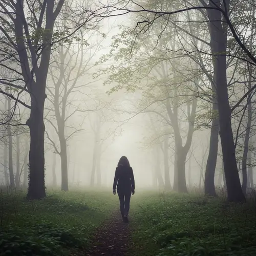 Enigmatic Silhouette Striding in Foggy Woodland | Ethereal Ambiance
