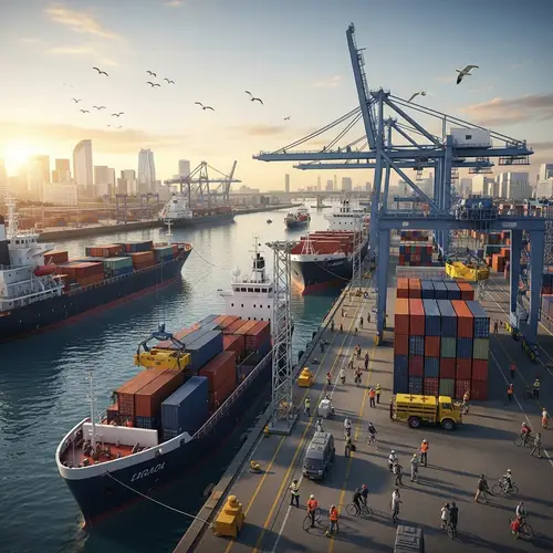 Bustling Port Terminal with Ships, Cranes, and City Vista