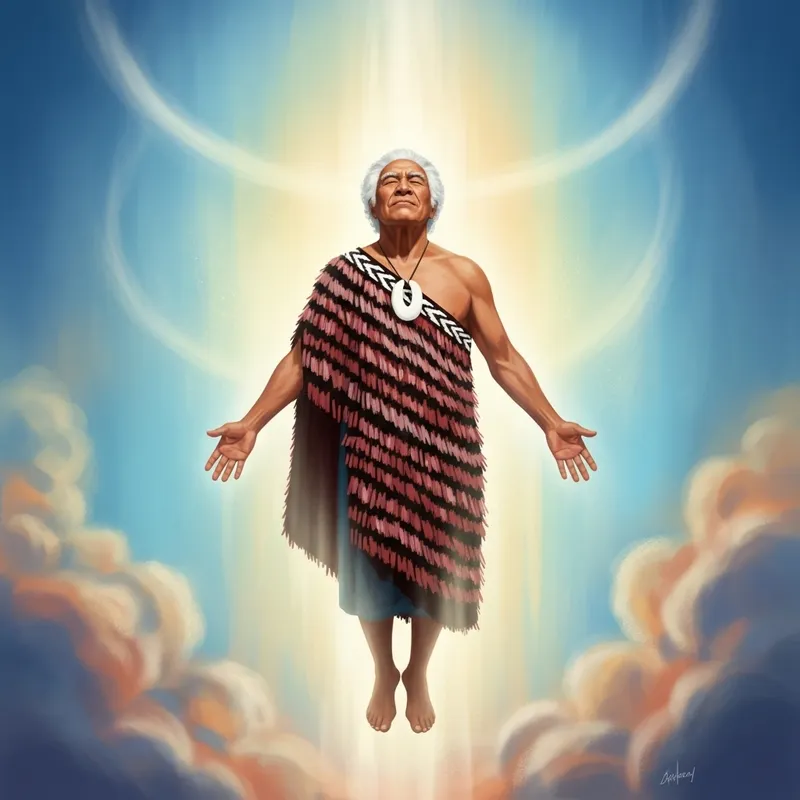 Ethereal Ascension: Maori Elder Transcending in Vibrant Colors