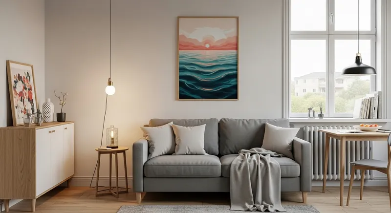 Creative 1:1 Aspect Ratio Print in Cozy Single Apartment Living Room