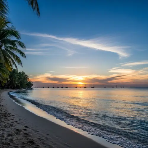 Tranquil Ocean Sunset View with Sailboats and Palm Trees