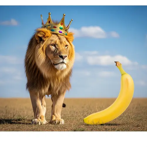 Majestic Lion and Playful Banana: Unique Contrast Captured