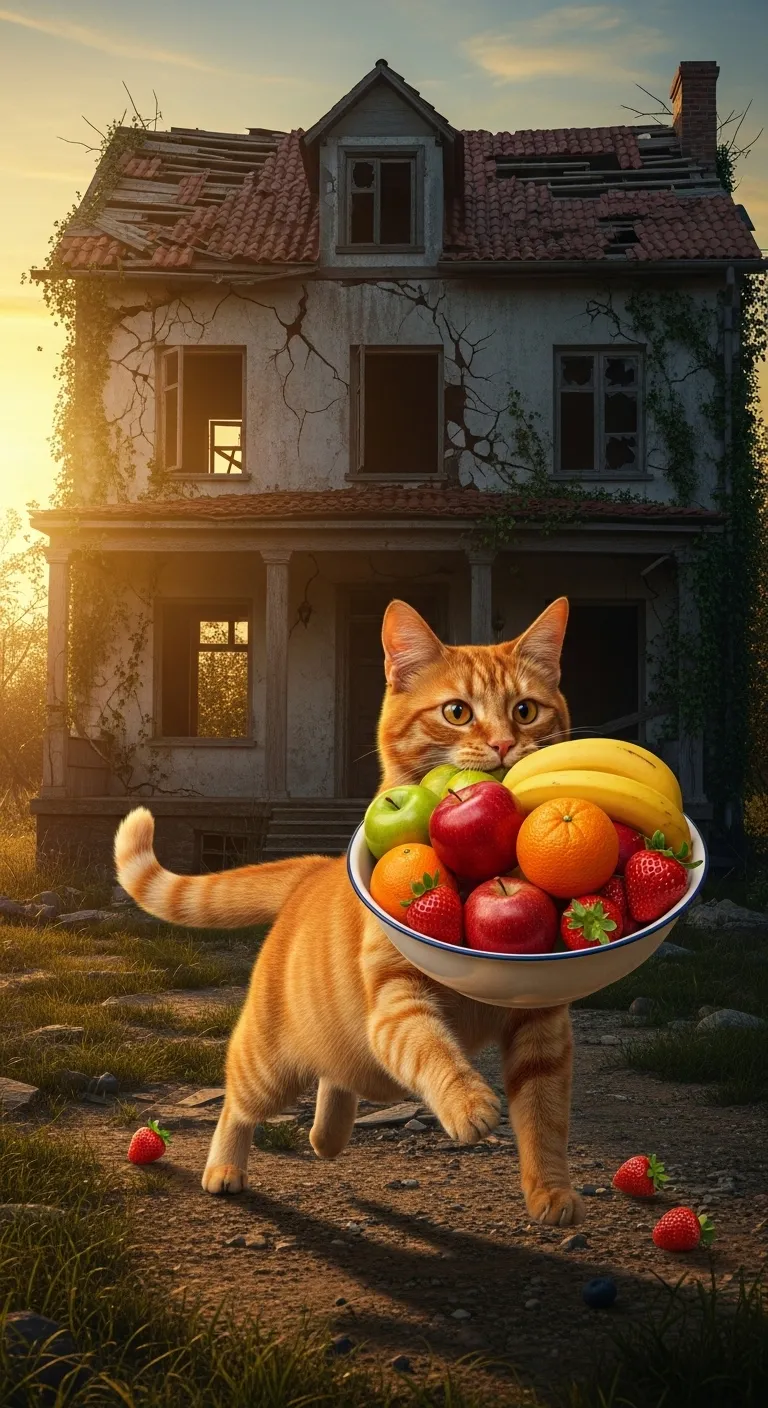 Orange Cat Mother Brings Fresh Fruits Home