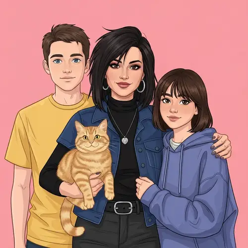 Hispanic Rocker Woman with Kids and Yellow Cat