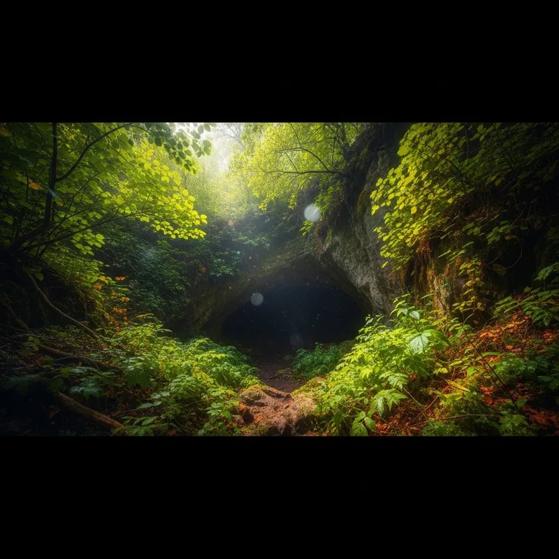 Ethereal Forest: Enchanting Cave Entrance & Glowing Light