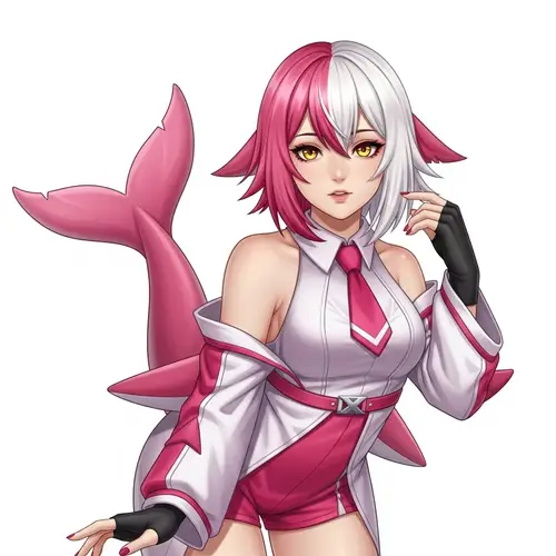 Pink and White Hair Girl with Unique Pink Shark Tail