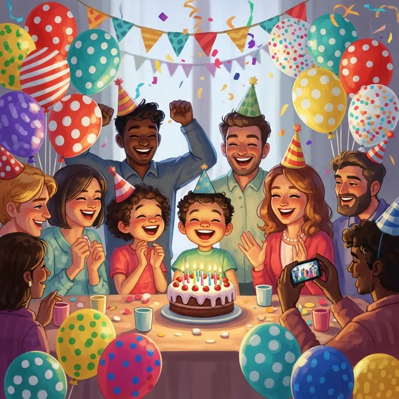 Joyful Birthday Celebration with Balloons & Cake