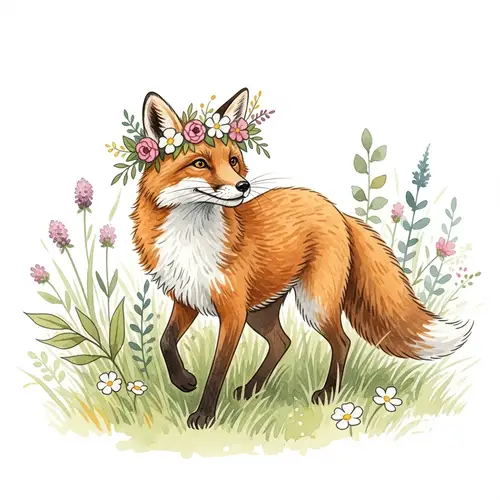 Whimsical Fox with Flower Crown in Lush Meadow - Watercolor Art