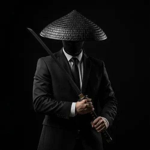 Mysterious Man in Black Suit with Katana