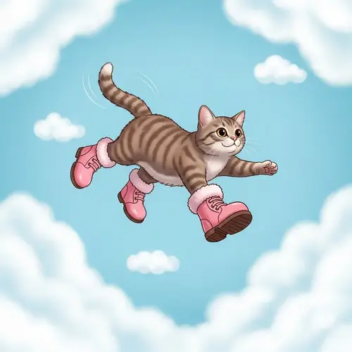 Adorable Cat in Cute Boots Soaring through Pastel Blue Sky