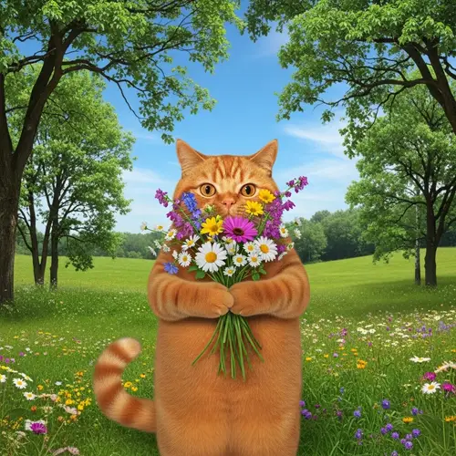 Cheerful Red-Haired Chubby Cat with Bouquet of Flowers | Nature Scene