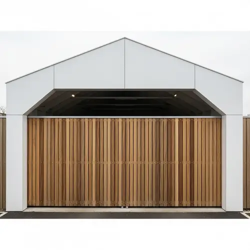 Spacious White Garage with Sloping Roof and Wooden Gates