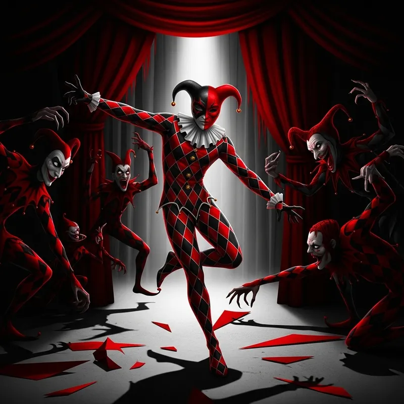 Intense Harlequin-Inspired Artwork in Black and Red