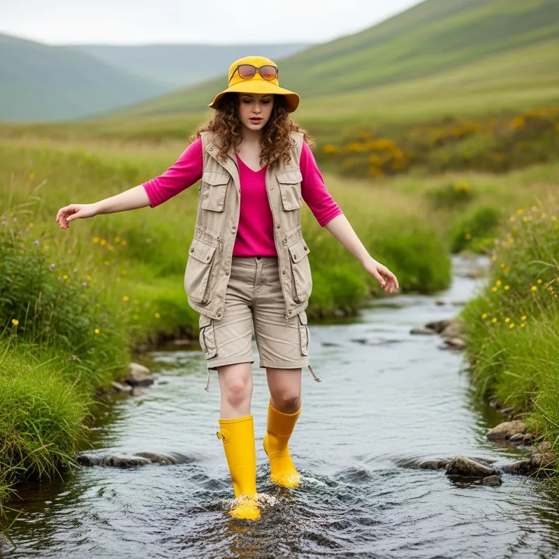 Teen Girl Exploring Wales in Bright Yellow Wellies
