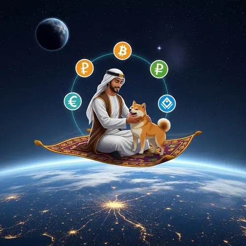 Middle Eastern Prince on Magic Carpet with Shiba Inu and Cryptocurrency Symbols