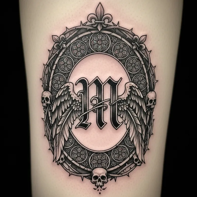 Stunning Gothic 'M' Tattoo Design with Angelic Wings