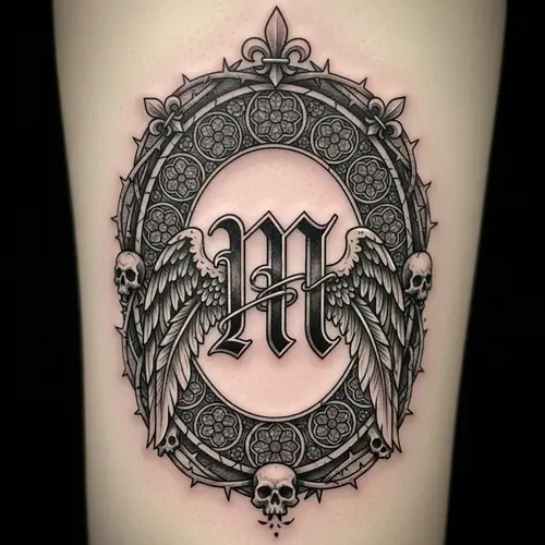 Stunning Gothic 'M' Tattoo Design with Angelic Wings