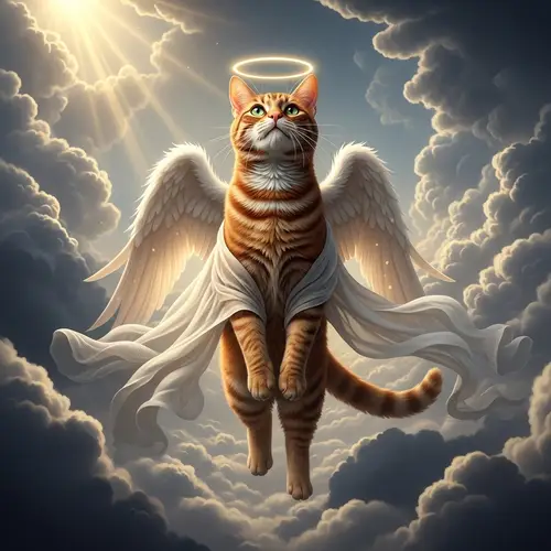 Red Cat with Angel Wings in Heavenly Clouds