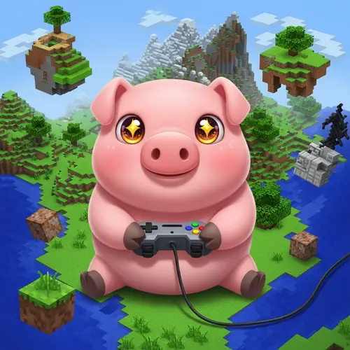 Cute Pig Playing Minecraft in Imaginative Worlds