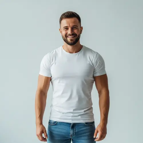 Muscular European Man Smiling - Casual Blue Jeans & White Shirt