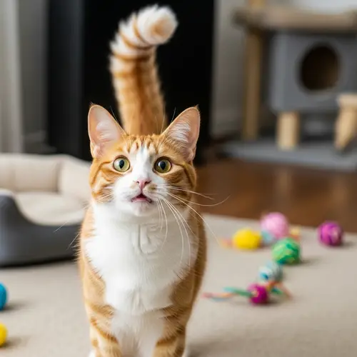 Excited Orange and White Cat in Playful Living Room