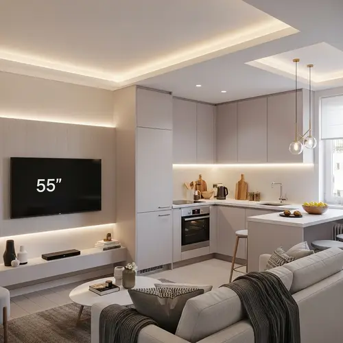 Contemporary Apartment Interior with 55-inch TV Panel and Integrated Kitchen