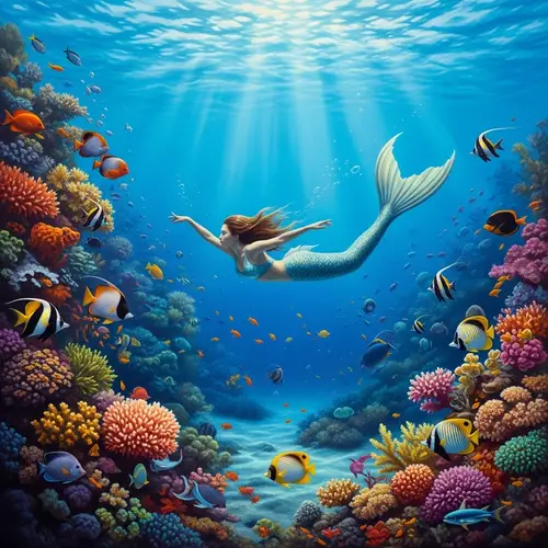 Ethereal Underwater Surrealism: Mermaid and Colorful Coral Reefs