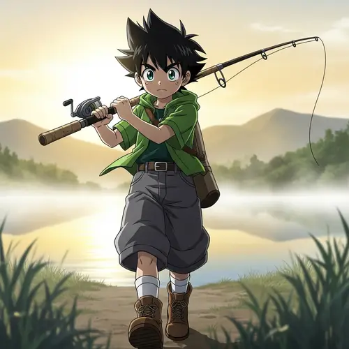 Adventure-Seeking Boy in Green Shirt with Fishing Pole