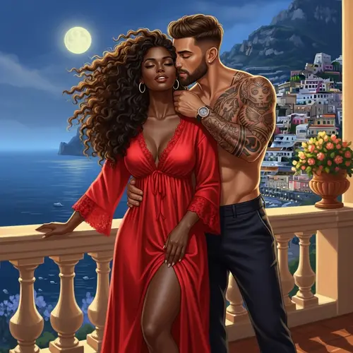 Romantic Moonlit Scene with Black Woman and Italian Husband on Amalfi Coast