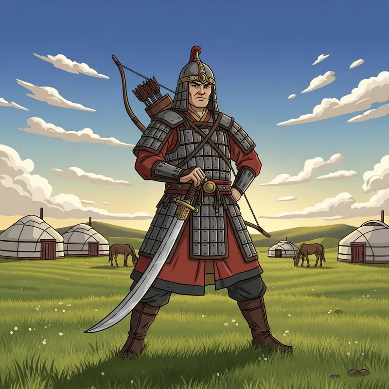 Mongolian Warrior in the Steppe: A Cartoon Depiction