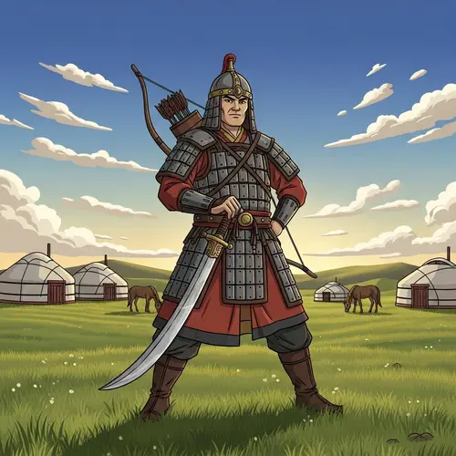 Mongolian Warrior in the Steppe: A Cartoon Depiction
