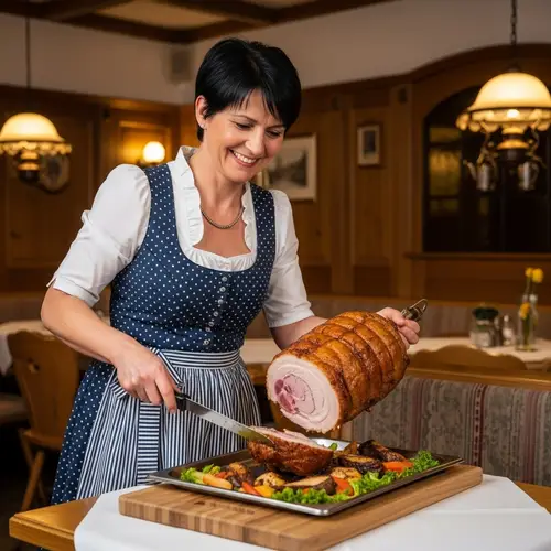 German Woman Serving Traditional Roast Pork in Bavarian Restaurant