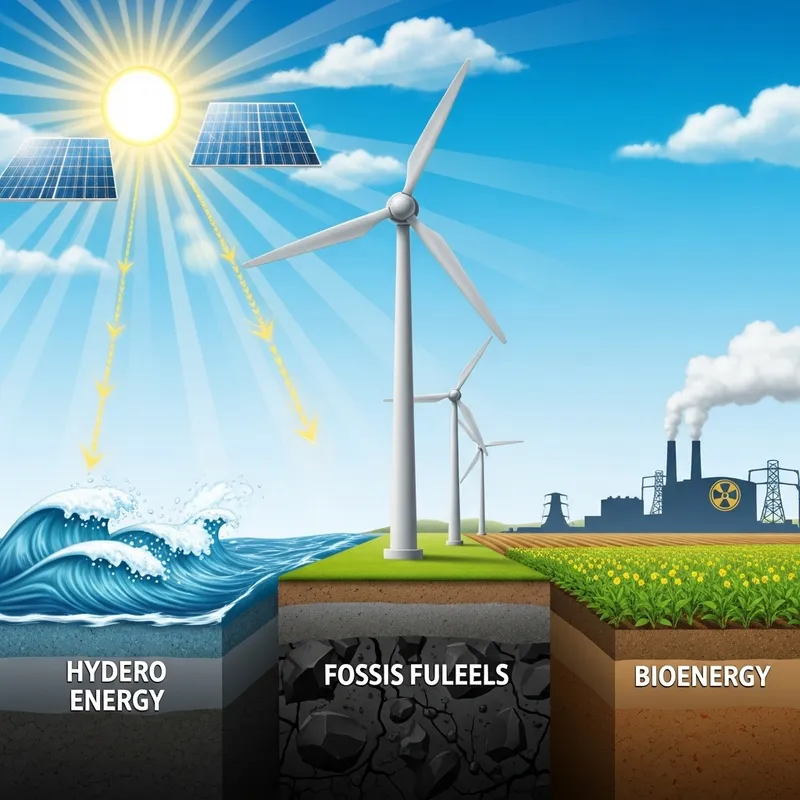 Diverse Energy Sources Illustration: Solar, Hydro, Wind & More