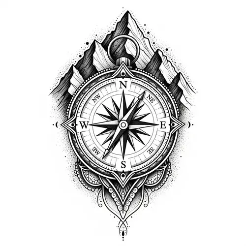 Black and White Compass Tattoo with Mountain Theme