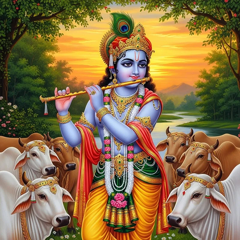 Divine Painting of Lord Krishna with Cows in Serene Setting