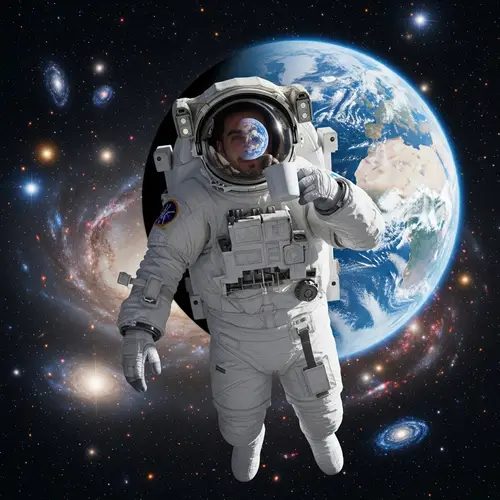 Hispanic Man in Space Suit Admiring Earth with Coffee in Hand