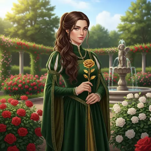 Feminine Noble Character in Green Gown with Golden Rose