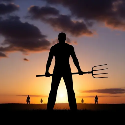 Resilience and Determination: Man Holding Pitchfork Silhouette