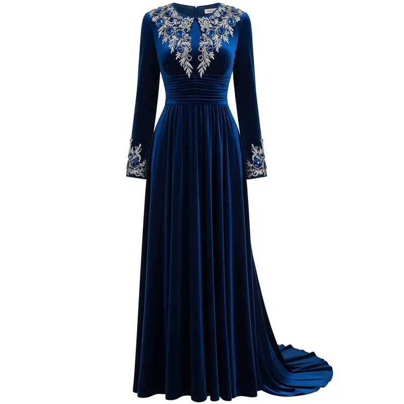 Elegant Blue Velvet Dress with Sapphire Embroidery | Exquisite Design