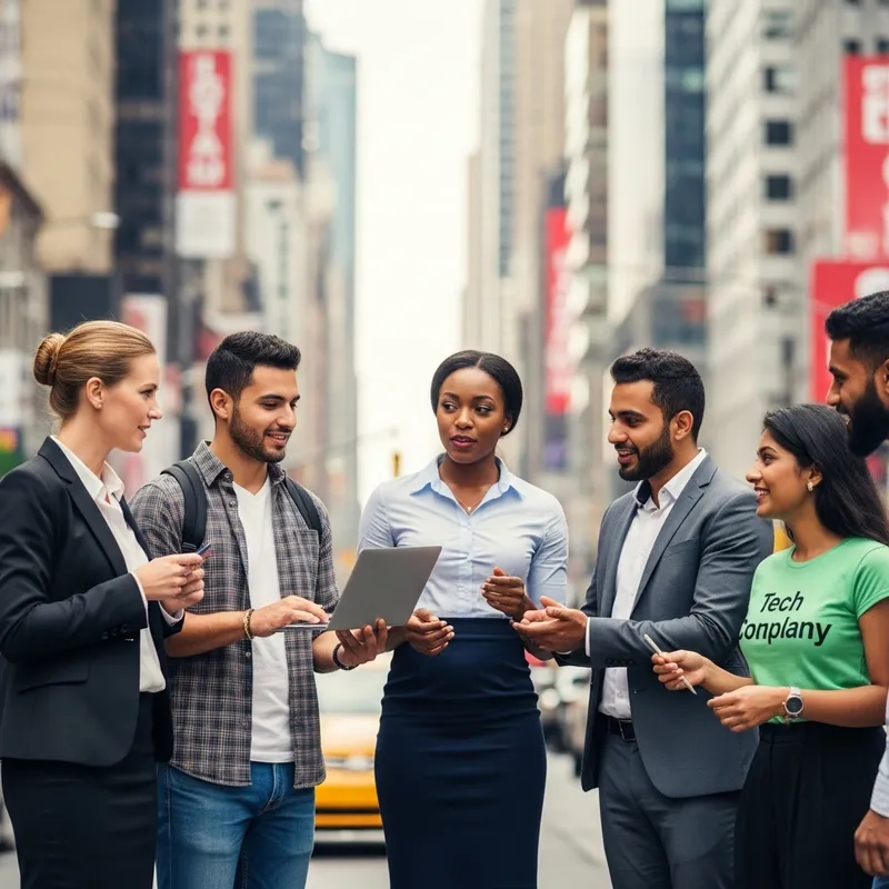 Diverse Collaboration in a Vibrant Cityscape