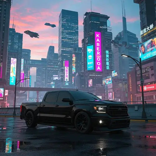 Black Tinted Pickup Truck in Cyberpunk Cityscape