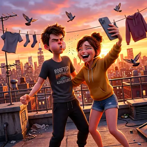 Fun Couple Selfie on Rooftop at Golden Hour